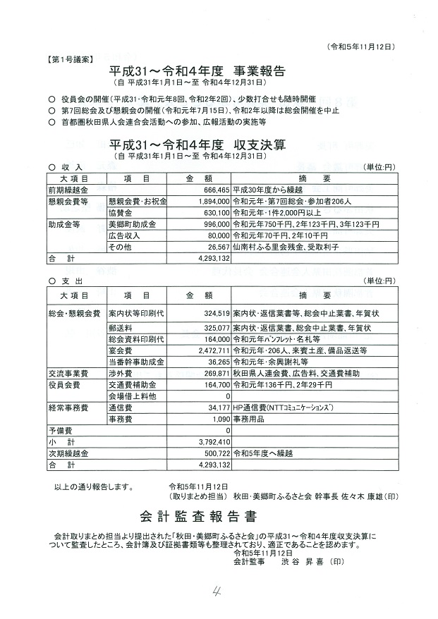 第8回秋田・美郷町ふるさと会パンフレット（事業報告、収支決算、会計監査報告）