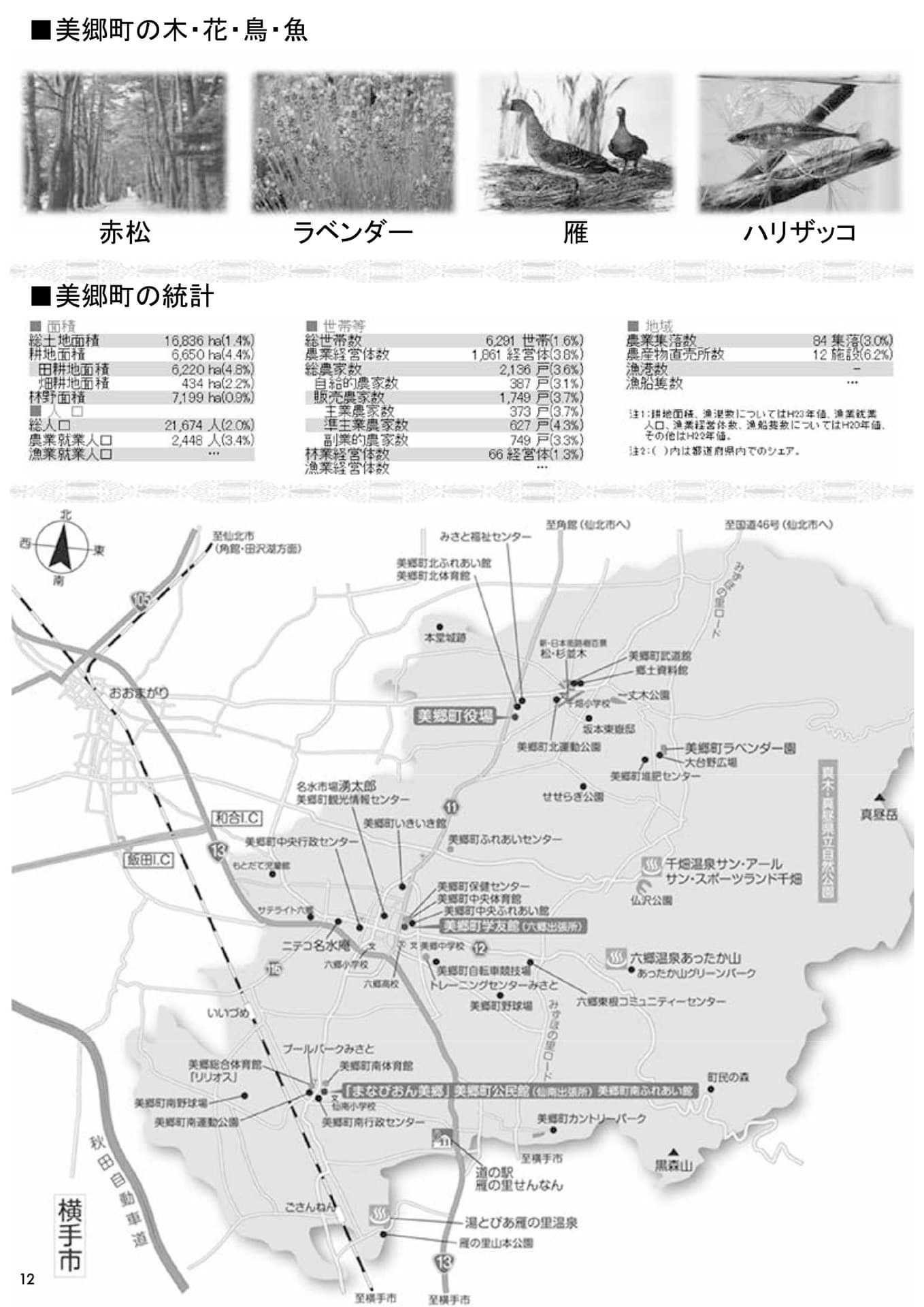 第1回秋田・美郷町ふるさと会パンフレット（美郷町の木・花・鳥・魚、美郷町の統計）