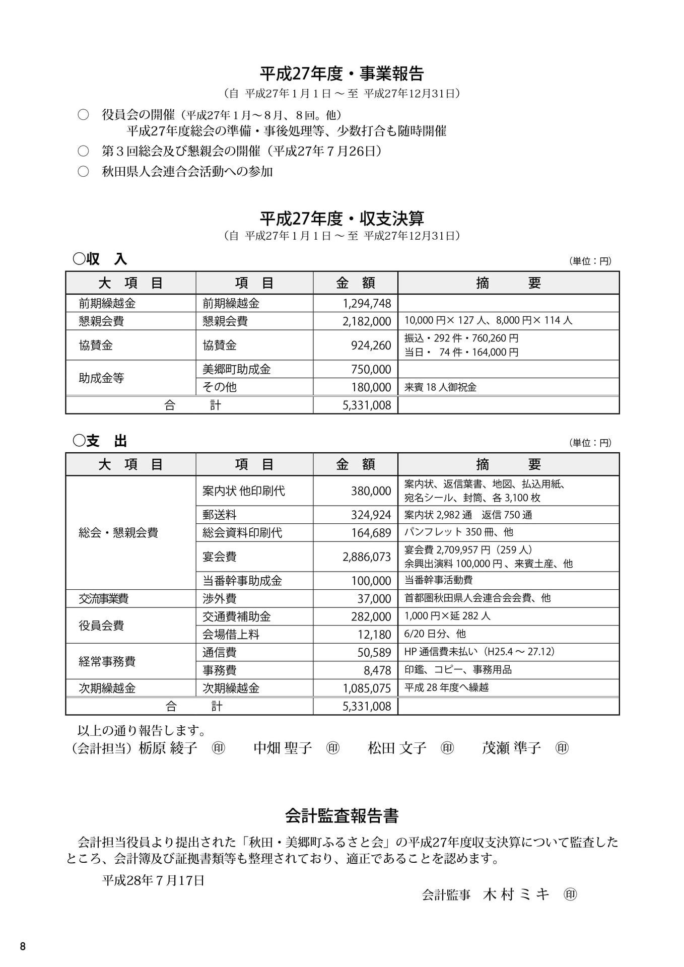 第4回秋田・美郷町ふるさと会パンフレット（事業報告、収支決算、会計監査報告書）